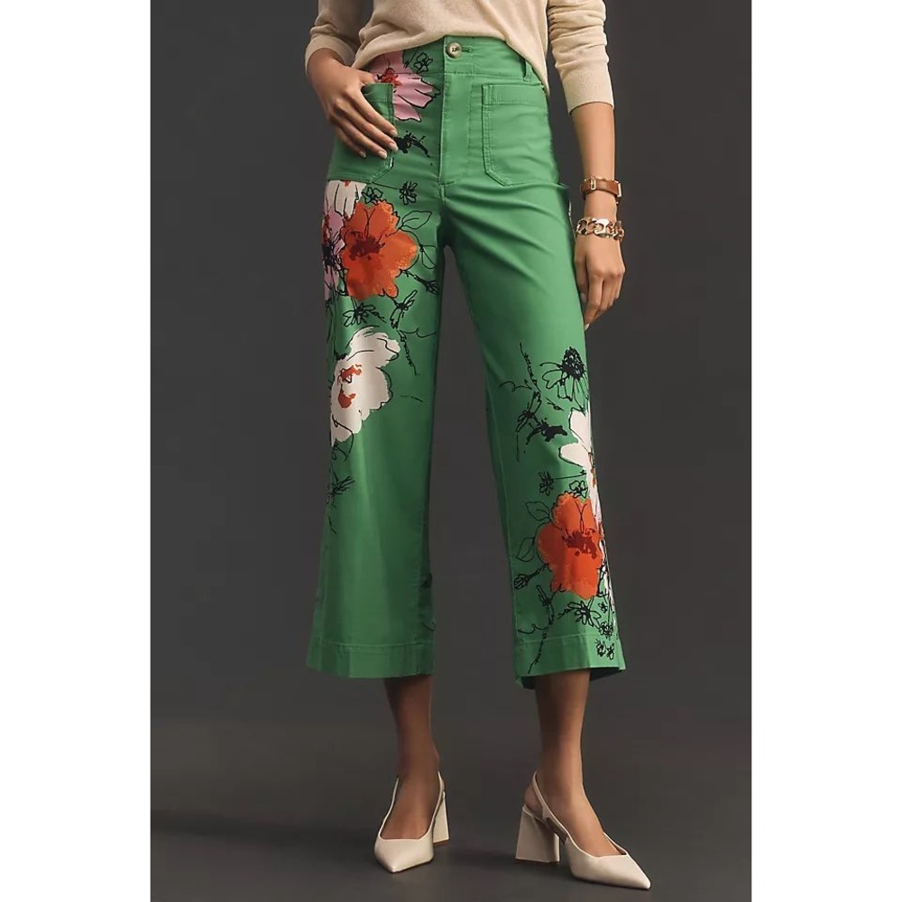 Maeve Sonal Nathwani Colette Cropped Wide-Leg Floral Pants Green 29